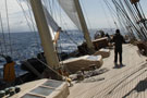 Atlantic three-mast schooner under sail, deck...